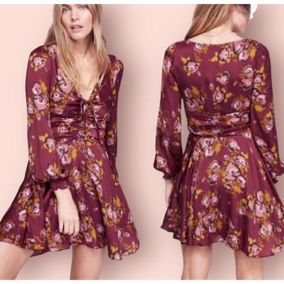 Free People Dresses & Skirts - Free People Morning Light Floral Mini Dress Wine Purple Long Sleeve Womens M 6